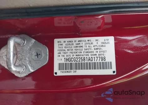 2001 Honda Accord 3.0 Ex z USA, uszkodzony, nr VIN 1HGCG22581A017798